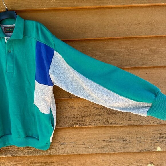 Vintage James McLeith Collard Sweater  Teal Grey Blue With Pockets Sweatshirt Si - Picture 3 of 10
